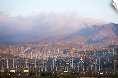 Wind turbines with mountains in the background, Riverside County, California