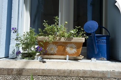 Window box and a watering can on a window, Ansouis, Vaucluse