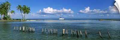 Wooden posts in the sea with a boat in background, Laughing Bird Caye, Victoria Channel, Belize