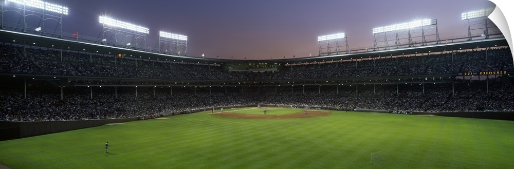 Panoramic view the crowd and field at Wrigley field in Chicago, Illinois.