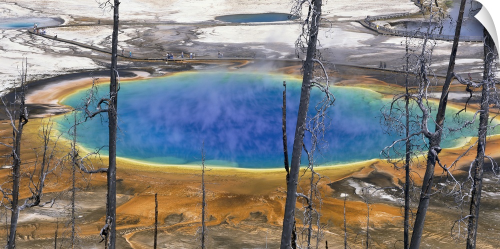 Wyoming, Yellowstone National Park, Grand Prismatic Pool, Tourists walking around the thermal pool