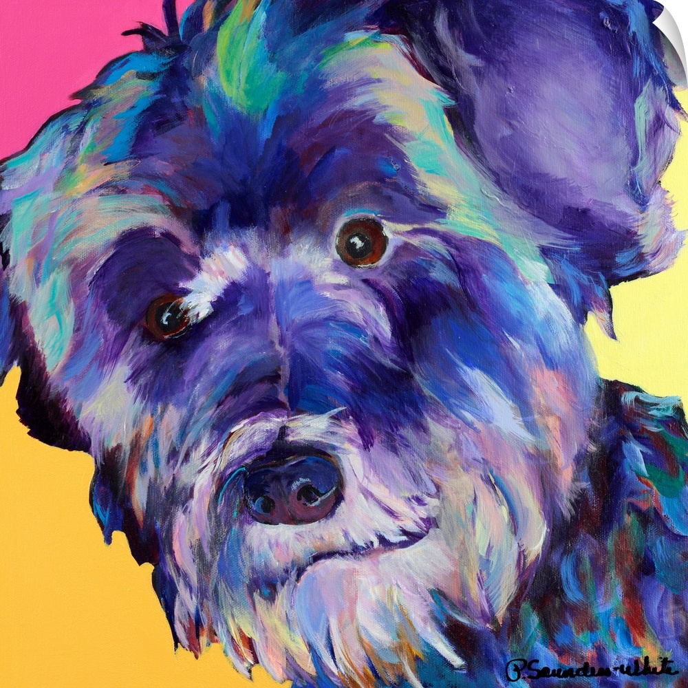 Abstract painting of the up close face of a dog.