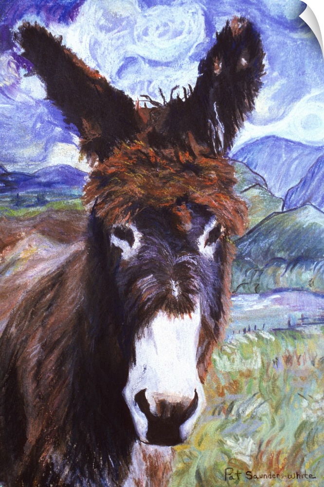 Contemporary artwork of a donkey with fuzzy fur in a field.