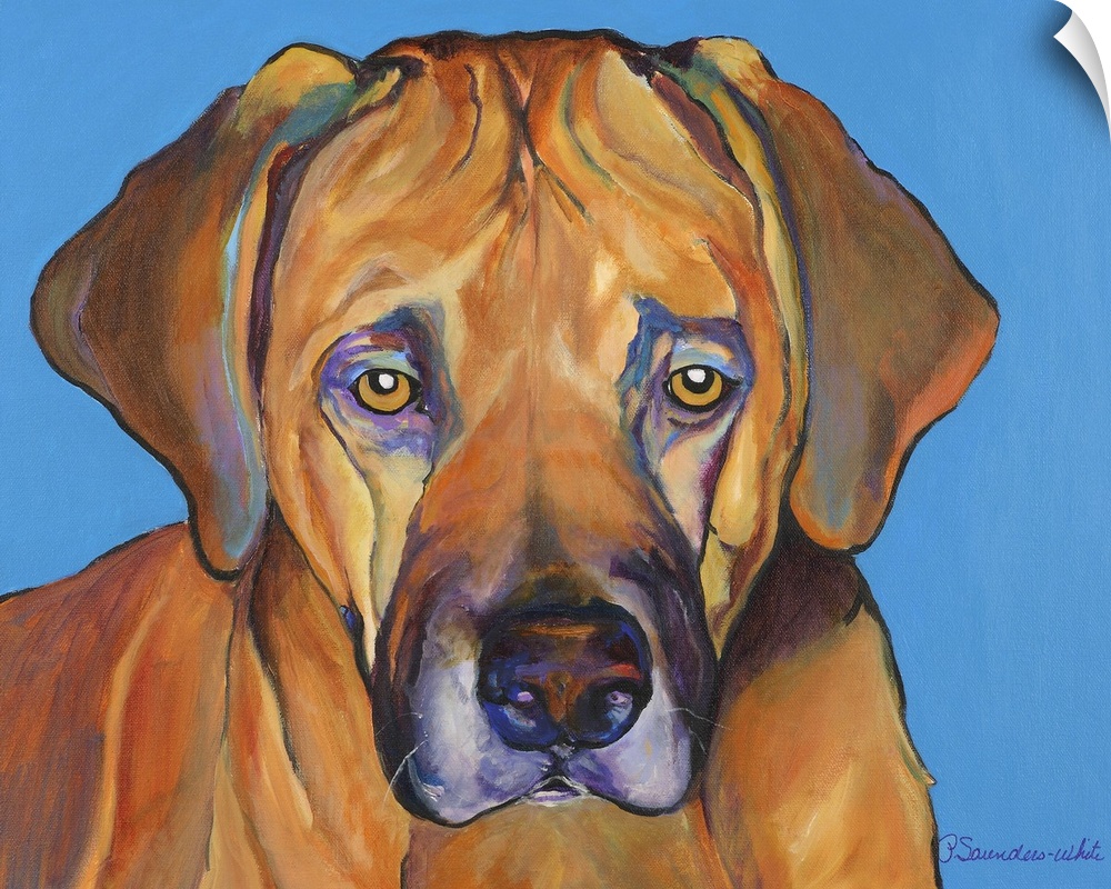 A painting of a dog whose eyes and demeanor appear sad.