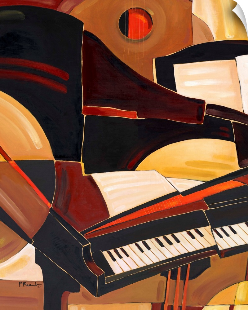 Abstracted painting of a piano and other musical instrument elements, done in neutral tones.