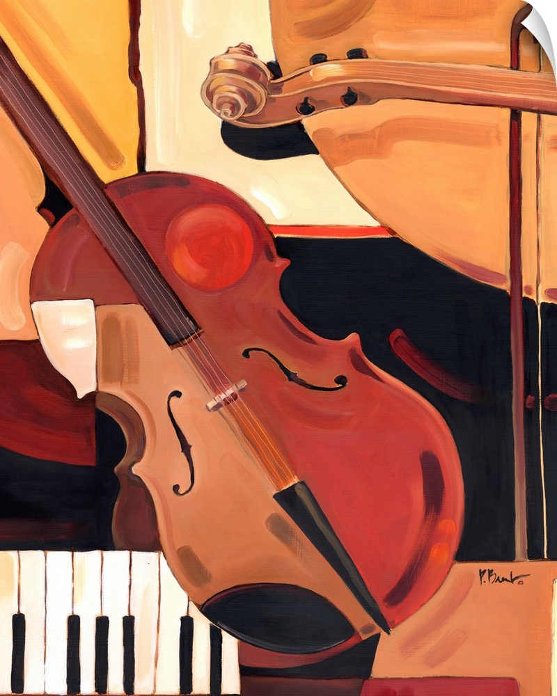 Abstracted painting of a violin and other musical instrument elements, done in neutral tones.