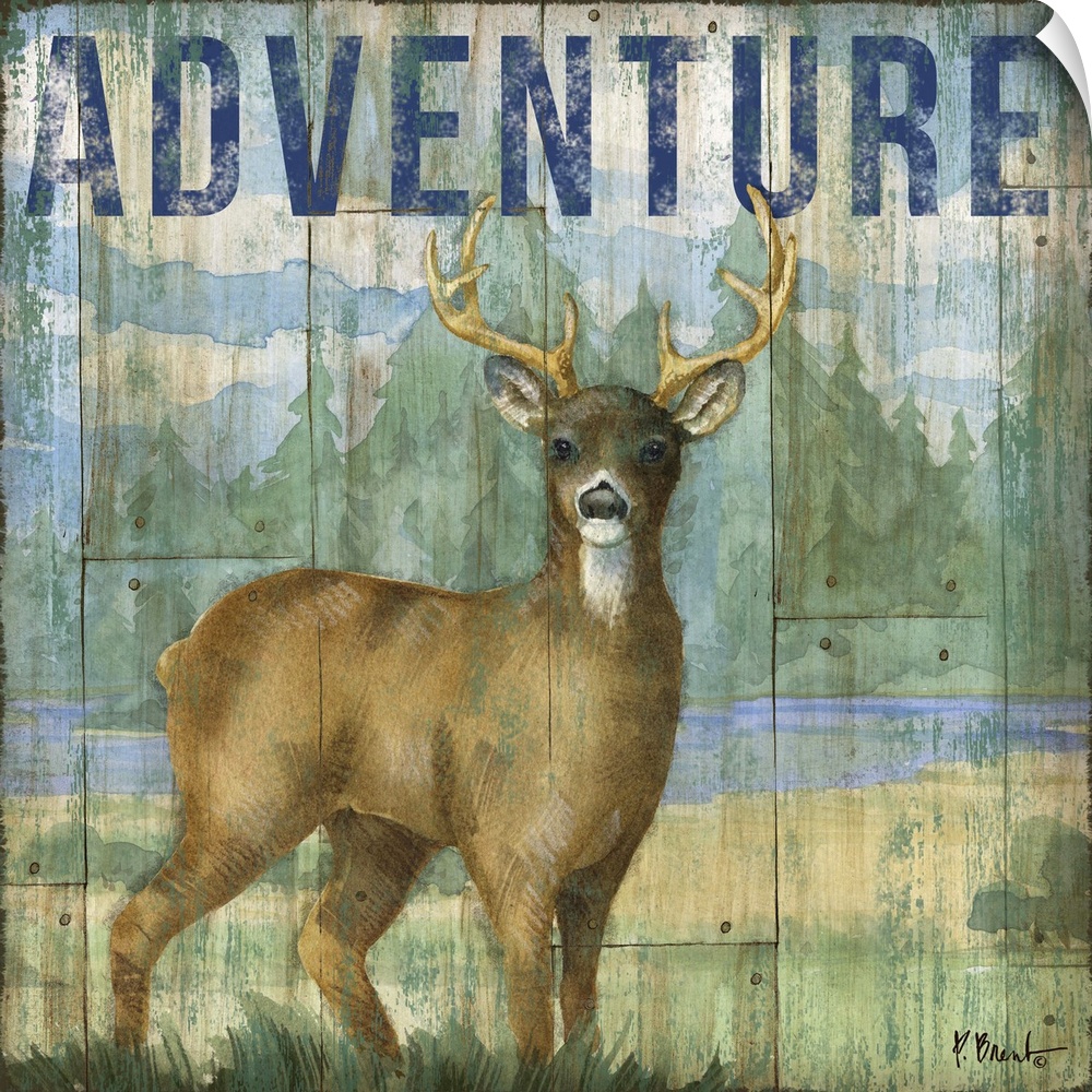 Square cabin decor with a deer and wilderness painted on a faux wood background with "Adventure" written at the top in blue.