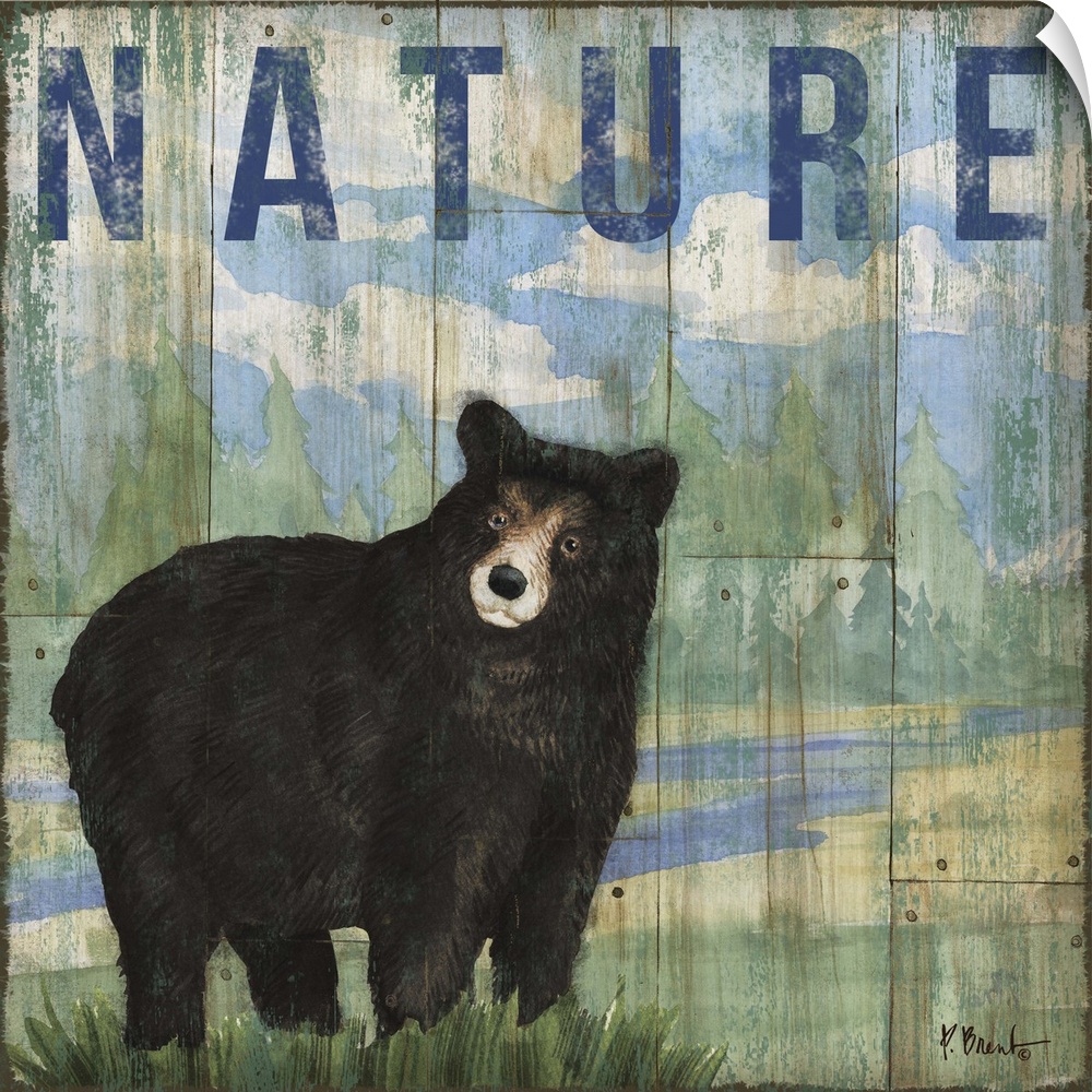 Square cabin decor with a black bear and wilderness painted on a faux wood background with "Nature" written at the top in ...