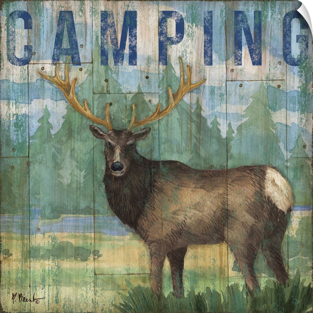 Square cabin decor with a moose and wilderness painted on a faux wood background with "Camping" written at the top in blue.