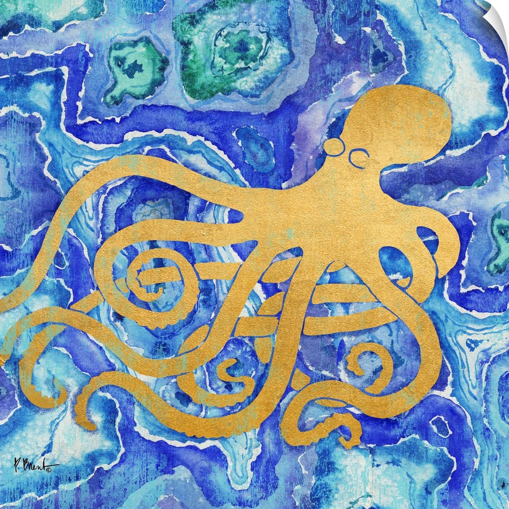 Square decor with a metallic gold octopus on a blue, green, and purple agate patterned background.
