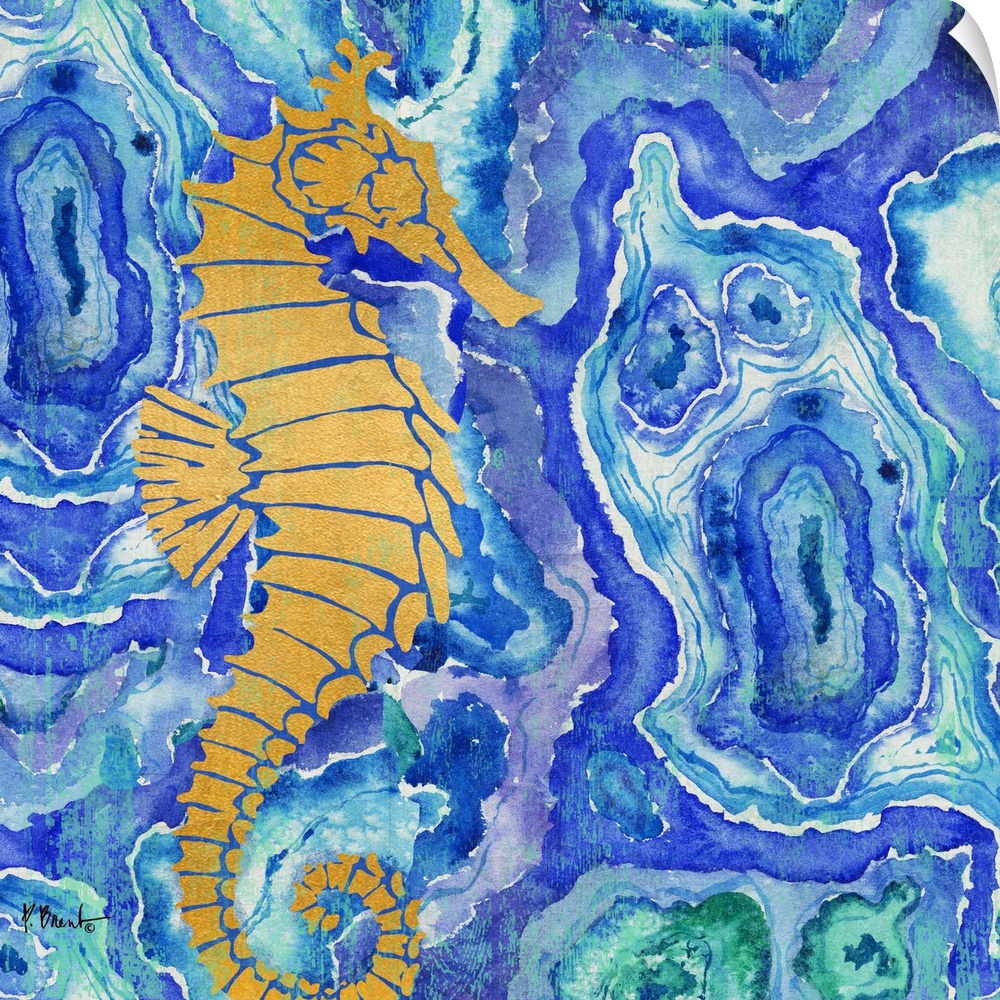 Square decor with a metallic gold seahorse on a blue, green, and purple agate patterned background.