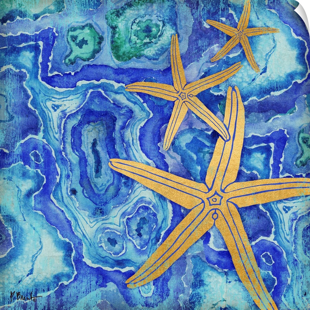 Square decor with metallic gold starfish on a blue, green, and purple agate patterned background.