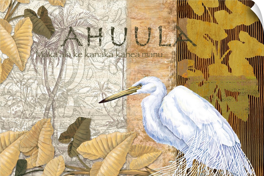 Mixed media artwork featuring a great white egret, decorative frond silhouettes, and the word Ahuula, a traditional Hawaii...