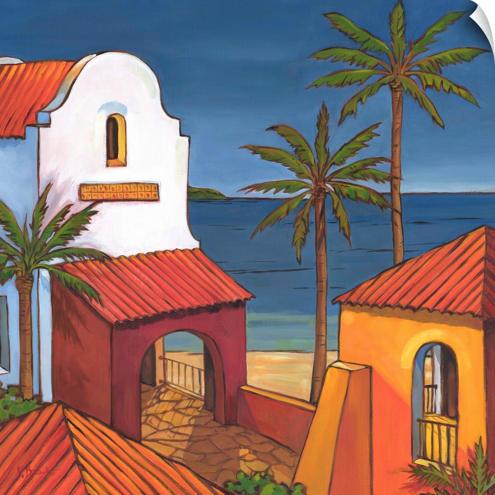 Painting of adobe buildings and palm trees in Antigua, looking out to the sea.