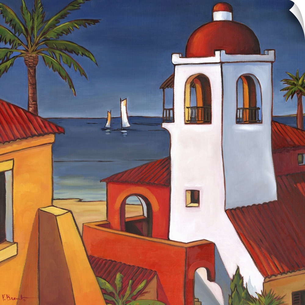 Painting of adobe buildings and palm trees in Antigua, looking out to the sea.