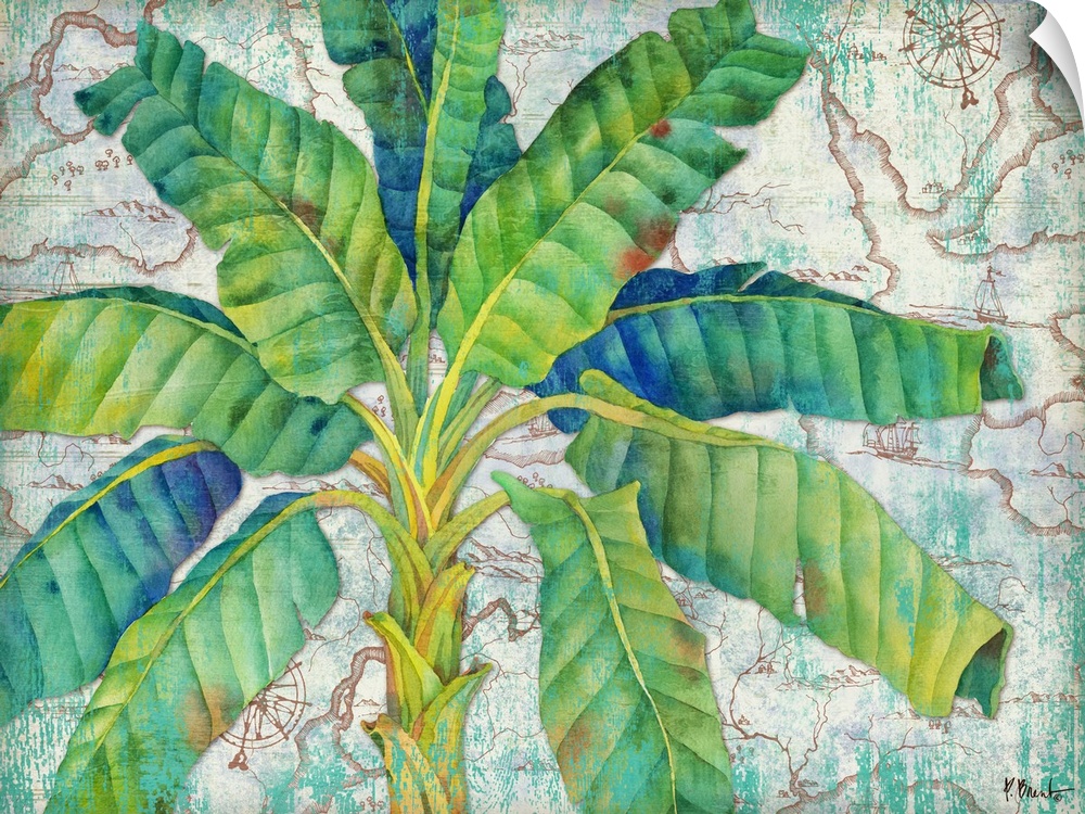 Tropical decor with a painted palm tree in green and blue tones on an illustrated map background.