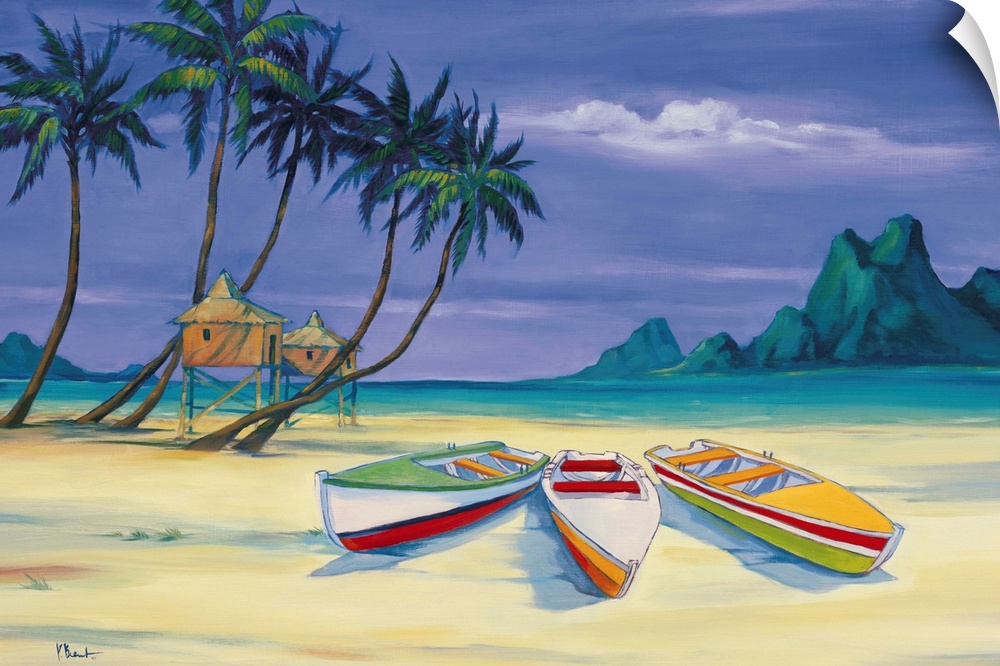 Contemporary painting of boats and beach huts on a beach with several palm trees.