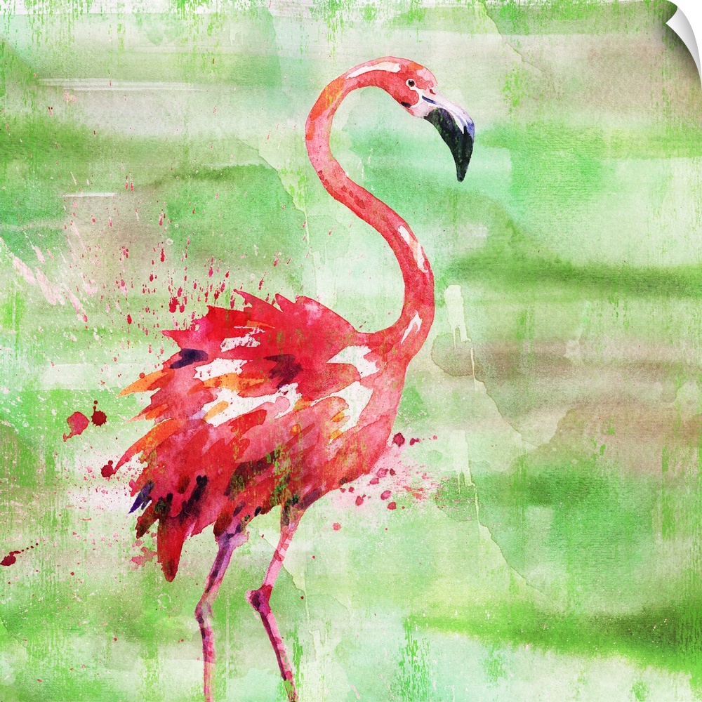Square watercolor painting of a pink flamingo on a green and brown background with pink paint splatter.