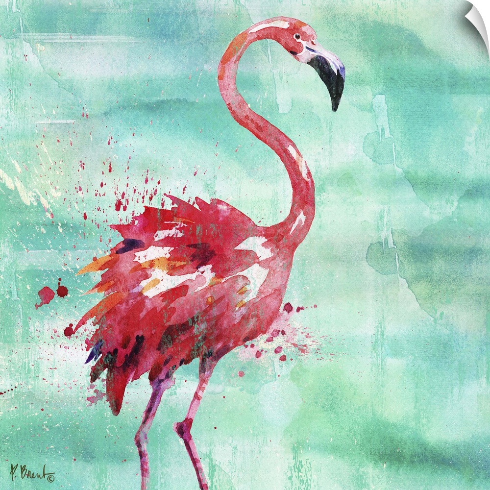 Square watercolor painting of a pink flamingo on a blue and green background with pink paint splatter.