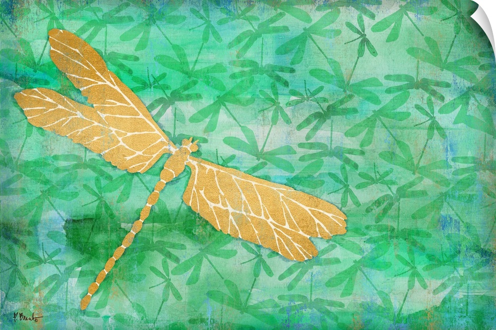 Metallic gold dragonfly on a green and blue background covered in smaller silhouetted dragonflies.