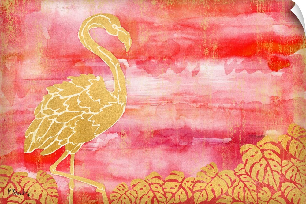 Metallic gold flamingo and palm leaves on a pink watercolor background with gold.