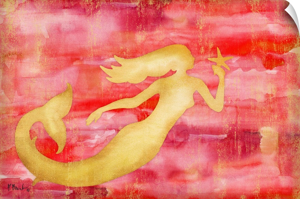 Metallic gold silhouette of a mermaid holding a starfish on a pink watercolor background.