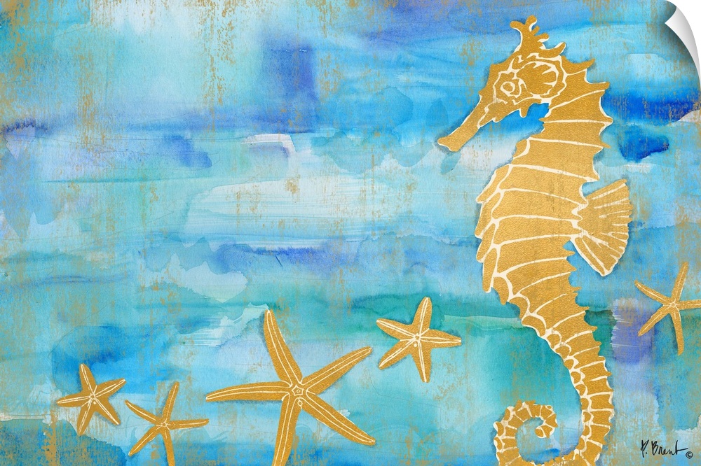 Metallic gold seahorse and starfish on a blue and green watercolor background.