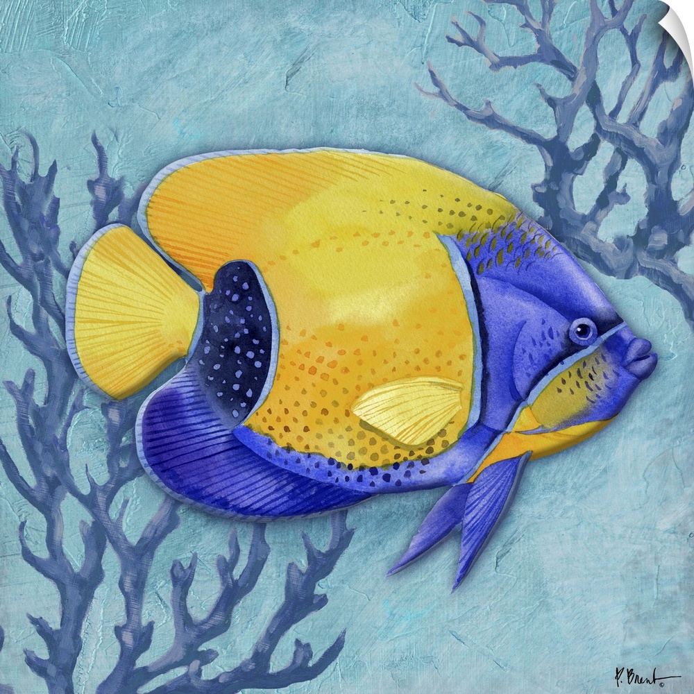 Contemporary painting of a tropical fish with two pieces of coral.