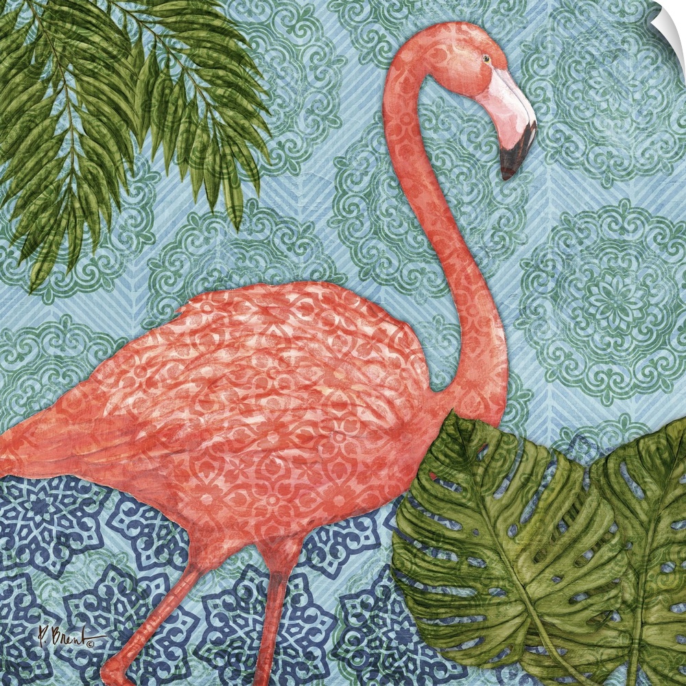 Painting of a flamingo with palm leaves on a patterned batik-style background.