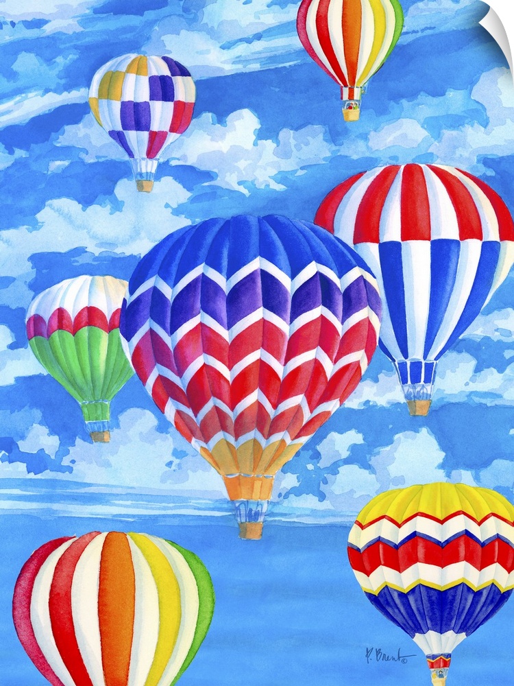 Painting of a sky filled with hot air balloons with rainbow patterns.