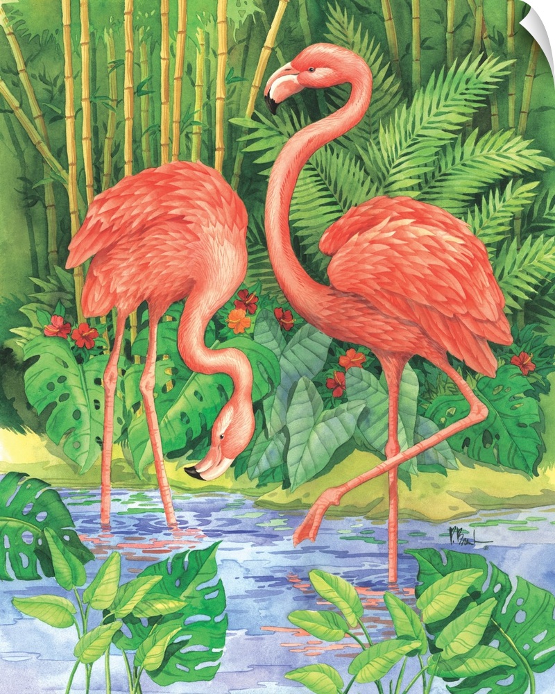 Watercolor painting of two pink flamingos in a tropical pond.