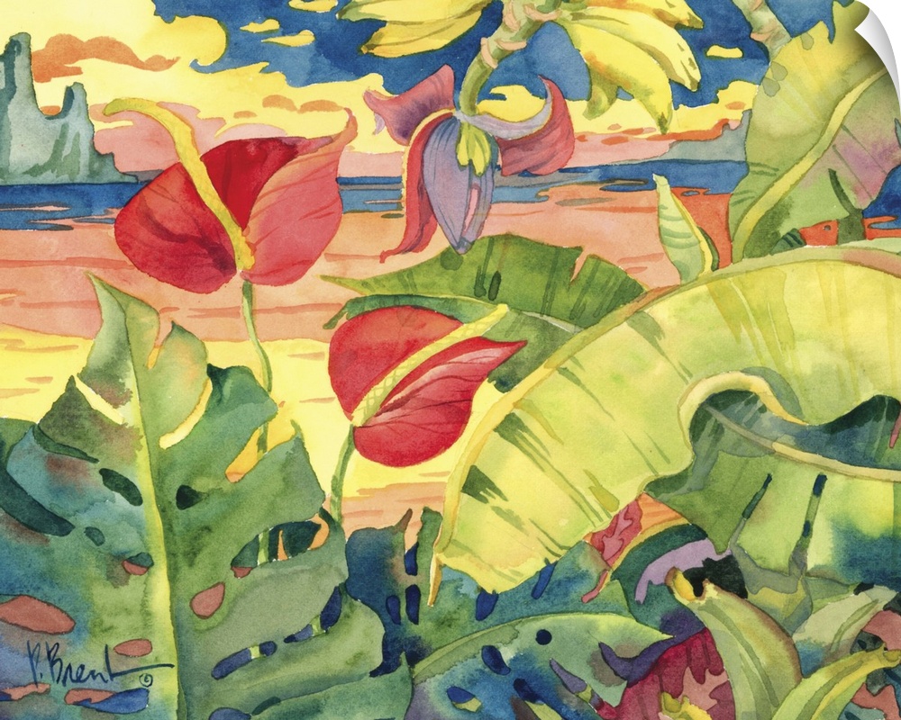 Contemporary painting of two anthuriums and palm fronds near a sandy beach.