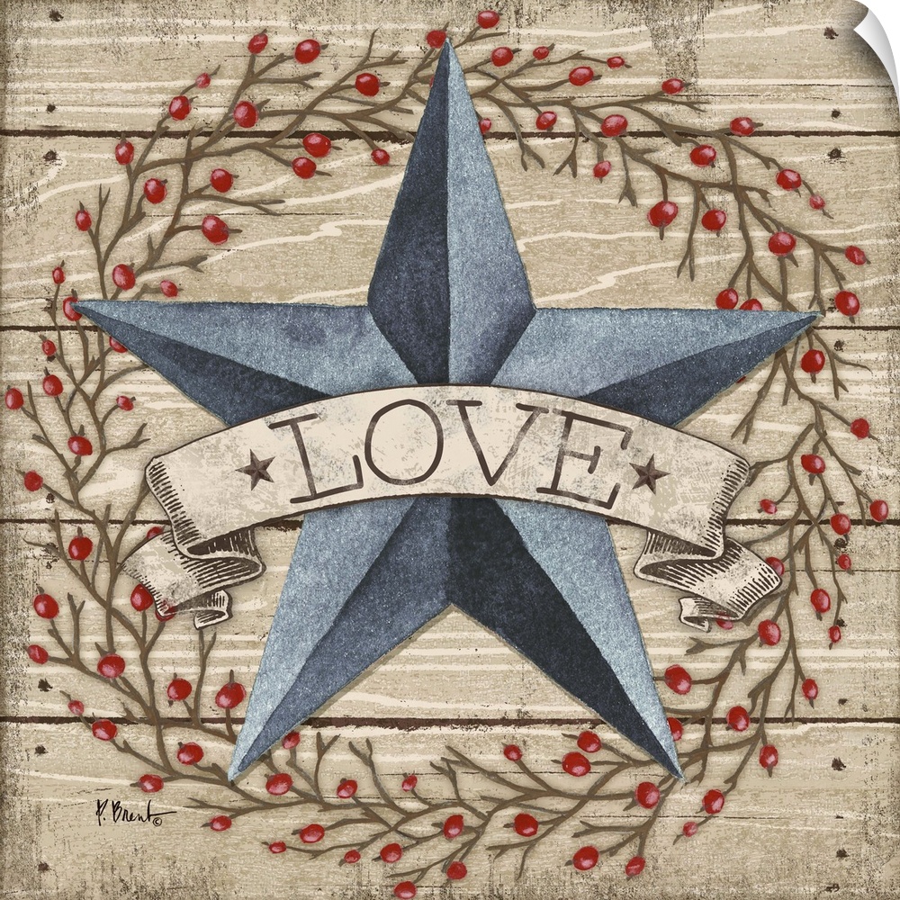 Folk art style painting of a star with a banner that says Love on wood panels with a berry wreath.