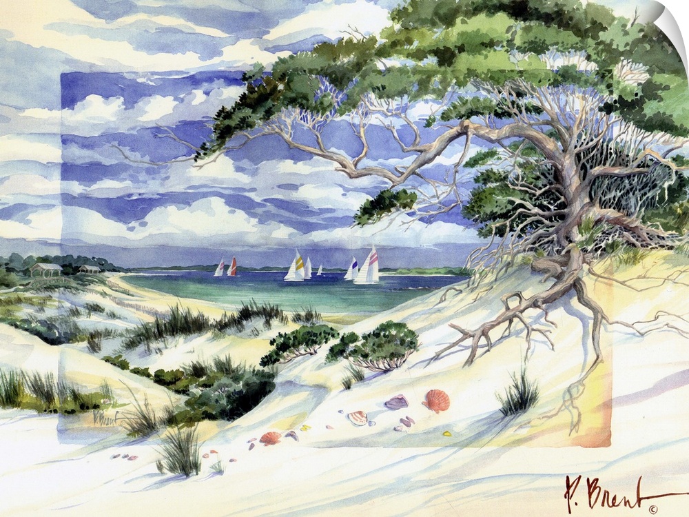Watercolor painting of a seaside landscape with a sandy beach and a large tree reaching over the dunes.
