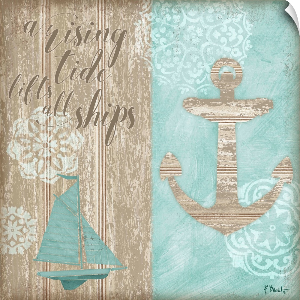 "A Rising Tide Lifts All Ships" square beach decor.