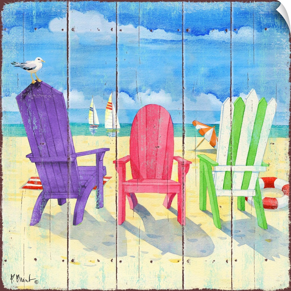 Square decor of colorful beach chairs set up in the sand with the ocean in the background.