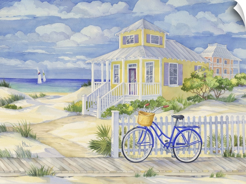 Watercolor painting of a bicycle leaning against a fence near a beach house.