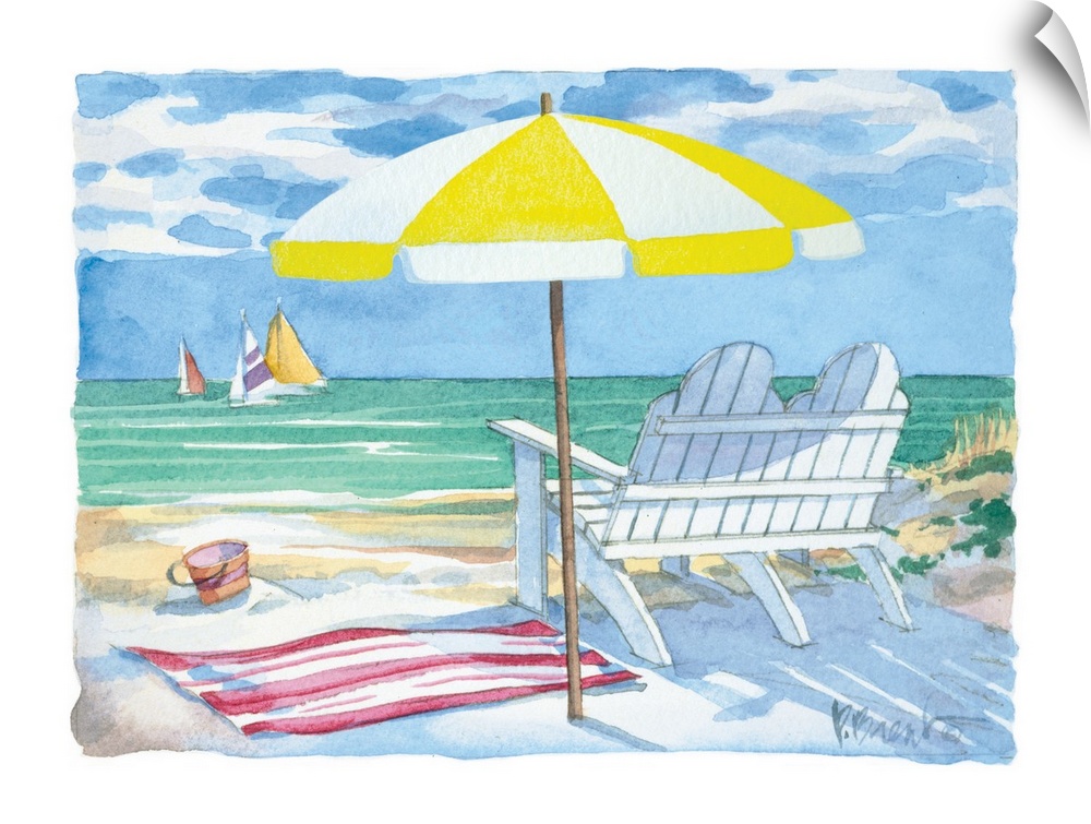 Watercolor beach scene with a sun umbrella and a double adirondack chair, overlooking the coast.
