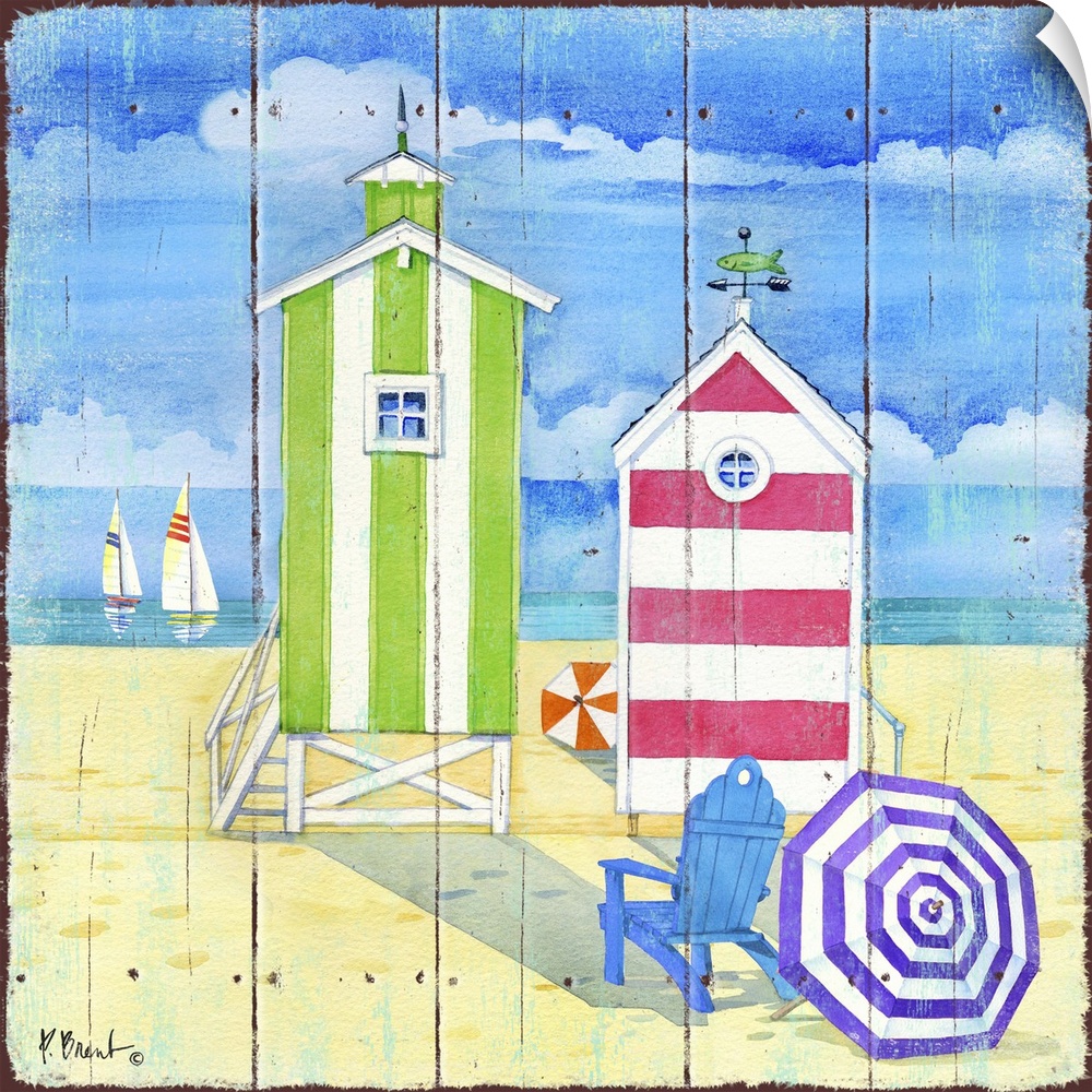 Square decor of cute little beach huts with the ocean and sailboats in the background on faux wood.