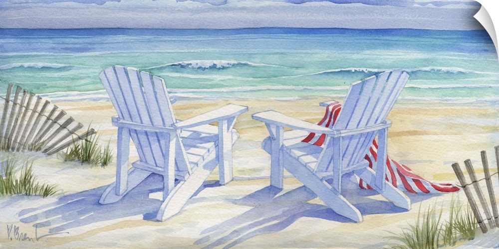 Watercolor painting of two adirondack chairs on the beach next to dune fences.