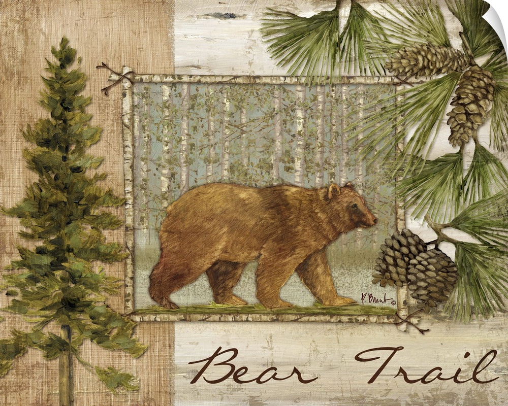 Decorative artwork of a bear in a frame, with pine trees, pinecones, and the words Bear Trail.