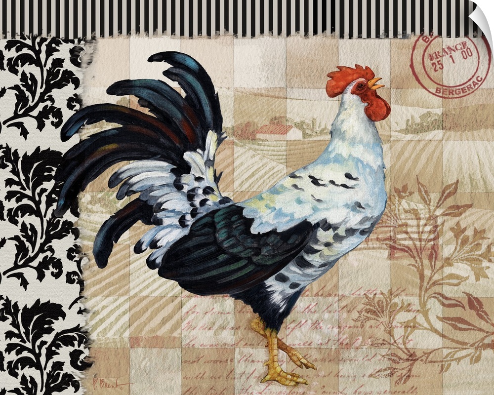 Portrait of a colorful rooster on a decorative French Countryside background, with collage elements.