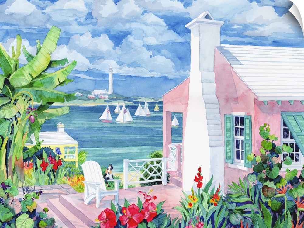 Watercolor painting of a Bermuda resort town.