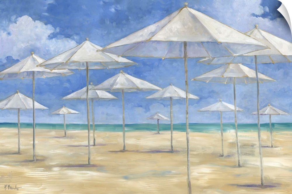 White umbrellas on a sandy beach.