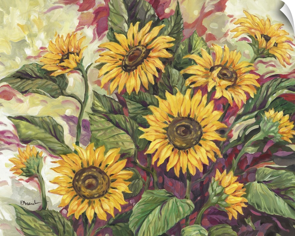 Painting of an arrangement of sunflowers of different sizes.