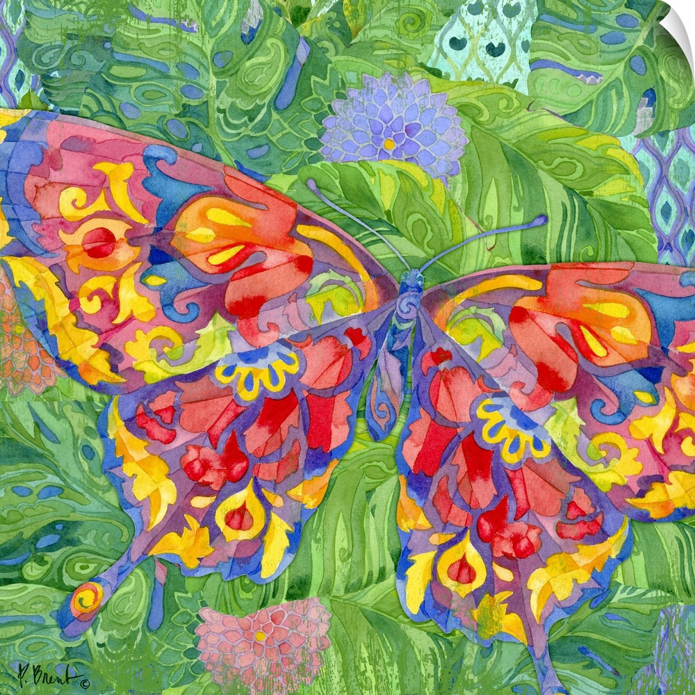 Square watercolor painting of a beautifully designed butterfly in bright colors on a background made with decorative leave...