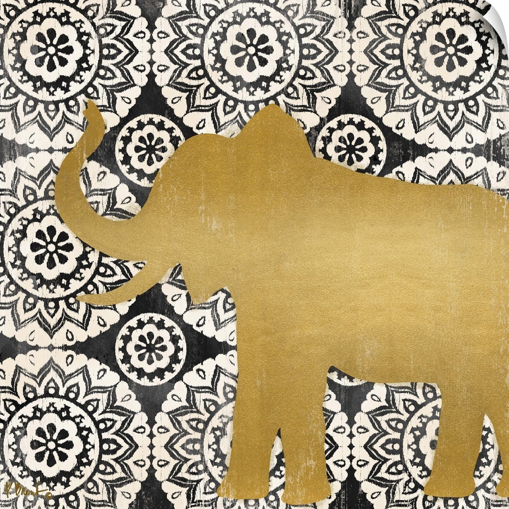 Square decor with a metallic gold silhouette of an elephant on a black and white mandela patterned background.