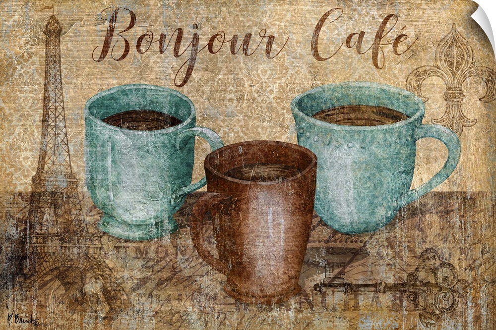 Decorative artwork of three mugs of coffee with French themed designs.