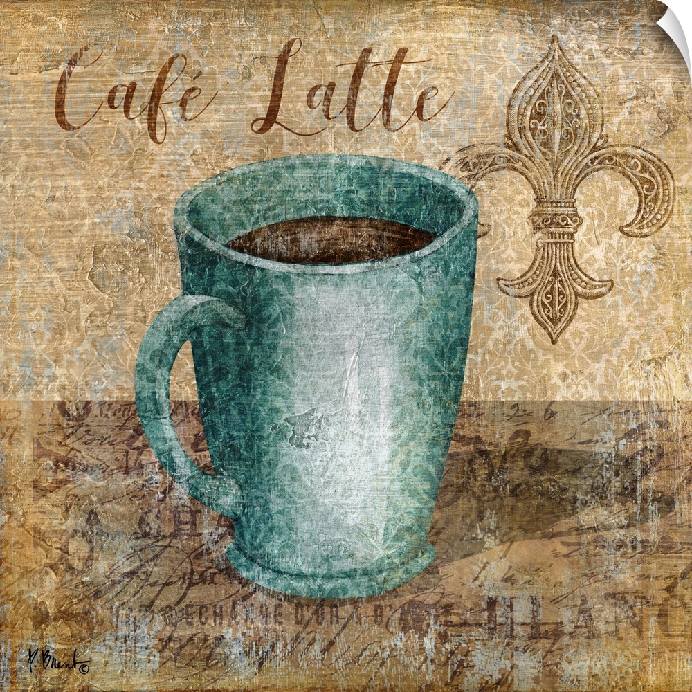 Decorative artwork of a blue mug of coffee with the words "Cafe Latte."