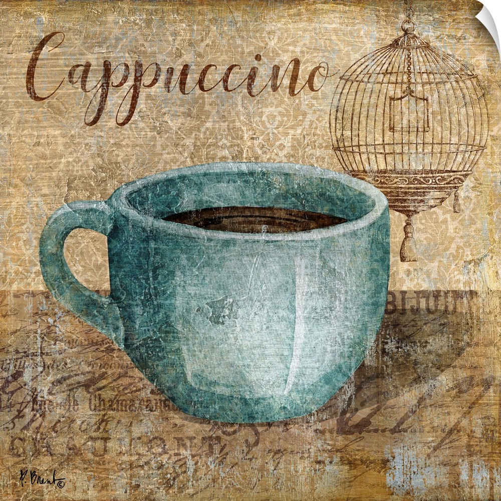 Decorative artwork of a blue mug of coffee with the words "Cappuccino."